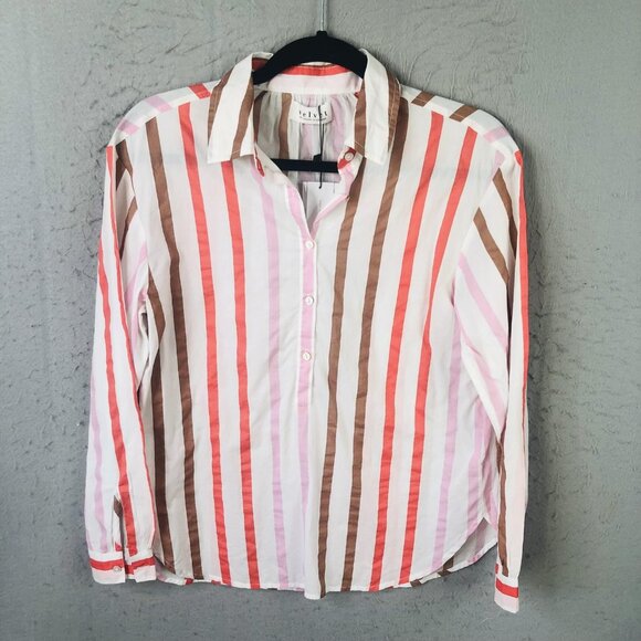 Velvet by Graham & Spencer Shirt Womens XS White Pink Brown Striped Button Front - Picture 1 of 16
